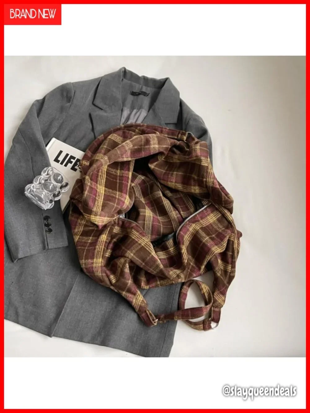Plaid Canvas Slouchy Hobo Shoulder Bag for Women, Large Canvas Tote, Lightweight